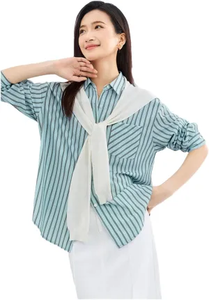 Women Button Up Loose Striped Shirt Shawl Lapel Loose Blouse Nine Quarter Sleeve Shirts Top
