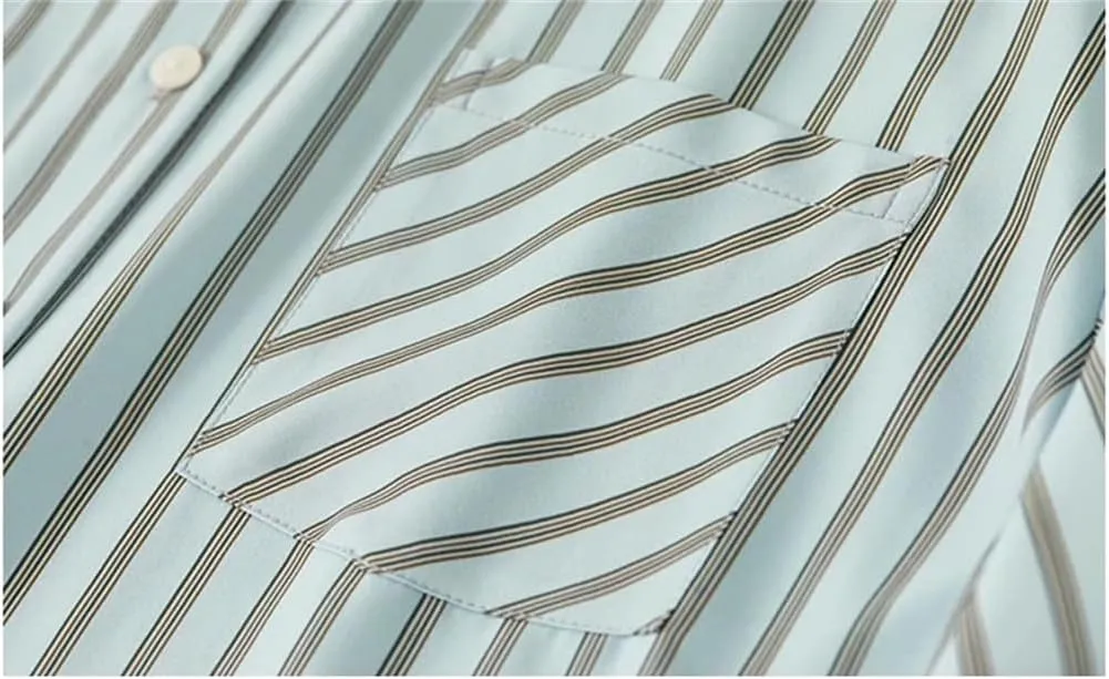 Women Button Up Loose Striped Shirt Shawl Lapel Loose Blouse Nine Quarter Sleeve Shirts Top
