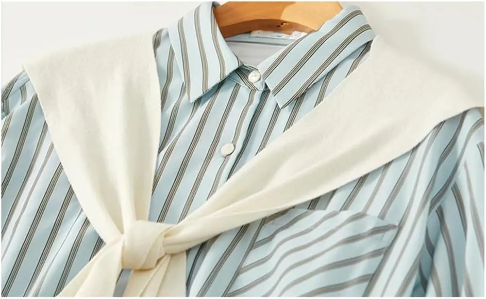 Women Button Up Loose Striped Shirt Shawl Lapel Loose Blouse Nine Quarter Sleeve Shirts Top