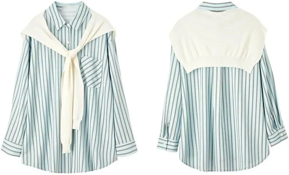 Women Button Up Loose Striped Shirt Shawl Lapel Loose Blouse Nine Quarter Sleeve Shirts Top
