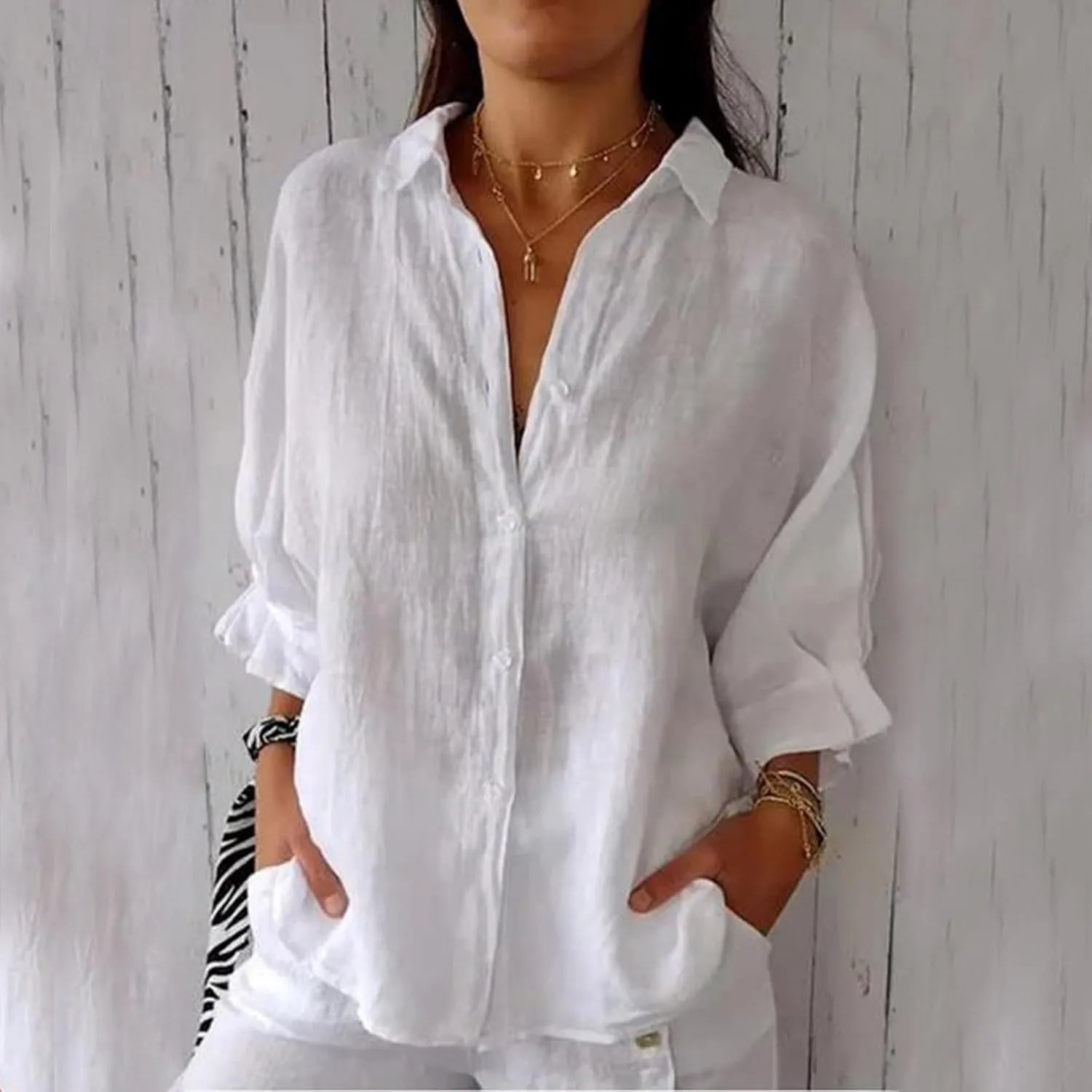 Women Casual Half Sleeve Button Down Shirts Summer Solid Casual Cotton Linen Tops Tie Back Design Fashion T Shirt