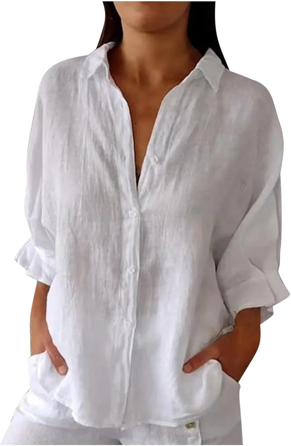Women Casual Half Sleeve Button Down Shirts Summer Solid Casual Cotton Linen Tops Tie Back Design Fashion T Shirt