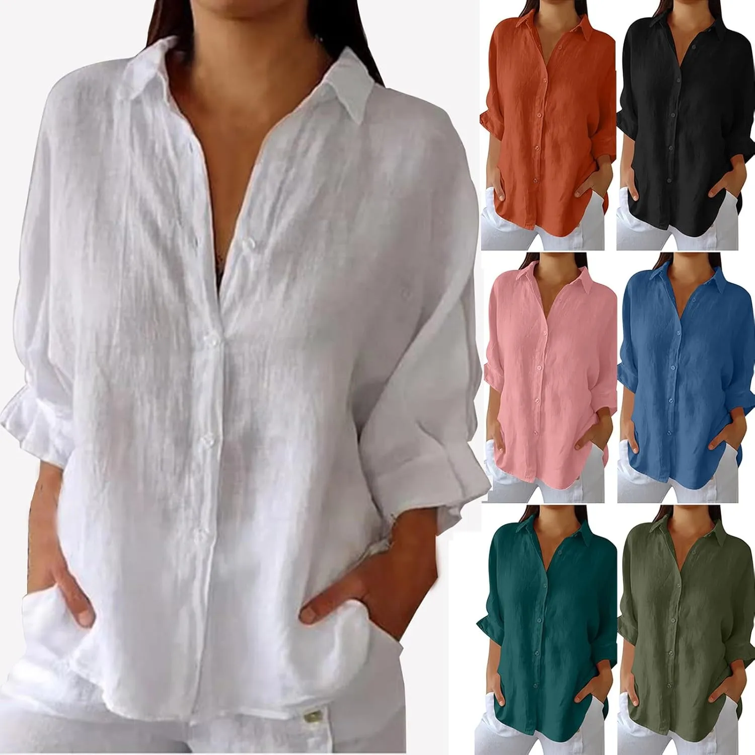 Women Casual Half Sleeve Button Down Shirts Summer Solid Casual Cotton Linen Tops Tie Back Design Fashion T Shirt