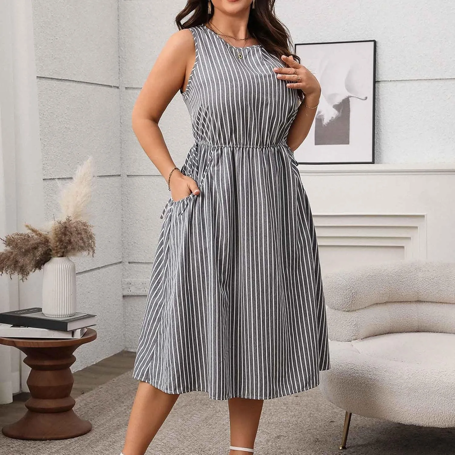Women Crewneck Midi Tank Dress Striped Sleeveless Knee Length Maternity Dresses Plus Size 50s Audrey Hepburn Dress
