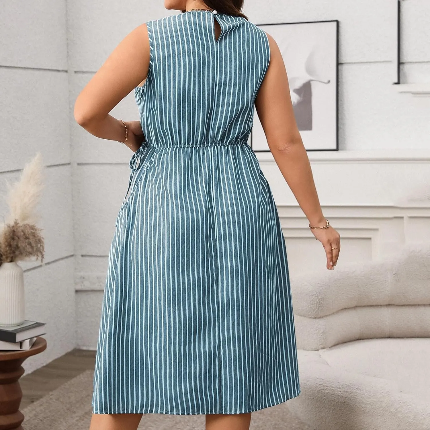 Women Crewneck Midi Tank Dress Striped Sleeveless Knee Length Maternity Dresses Plus Size 50s Audrey Hepburn Dress