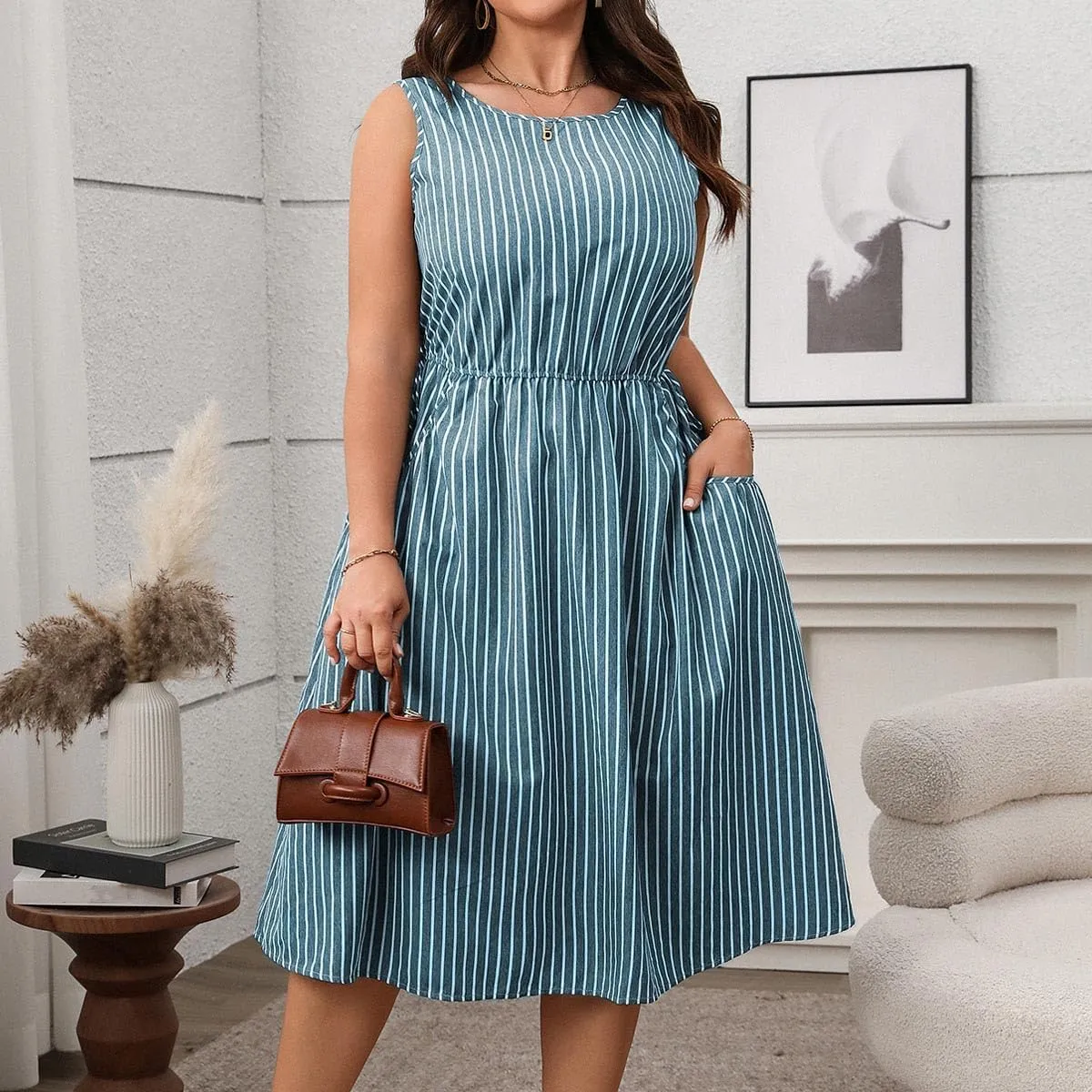 Women Crewneck Midi Tank Dress Striped Sleeveless Knee Length Maternity Dresses Plus Size 50s Audrey Hepburn Dress