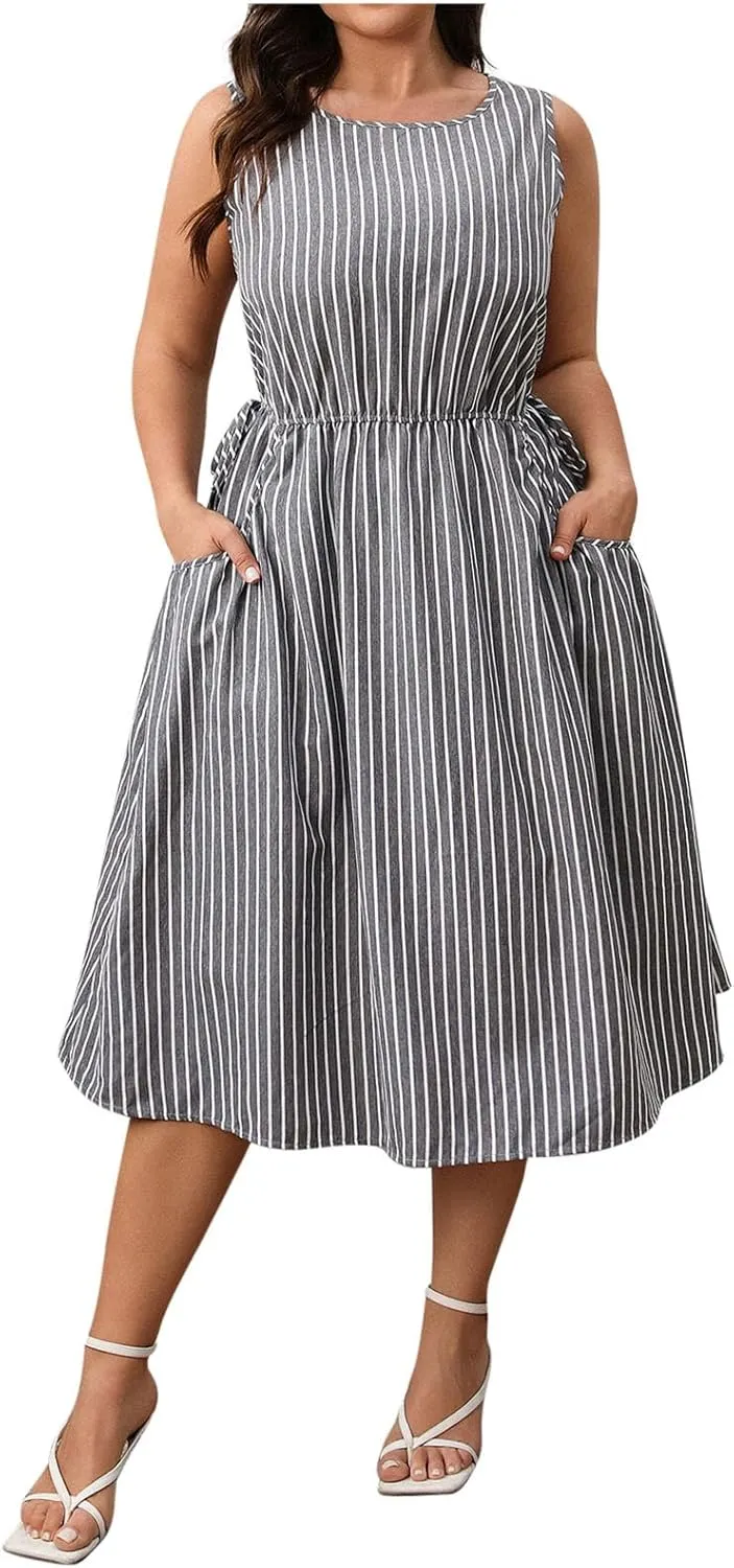 Women Crewneck Midi Tank Dress Striped Sleeveless Knee Length Maternity Dresses Plus Size 50s Audrey Hepburn Dress