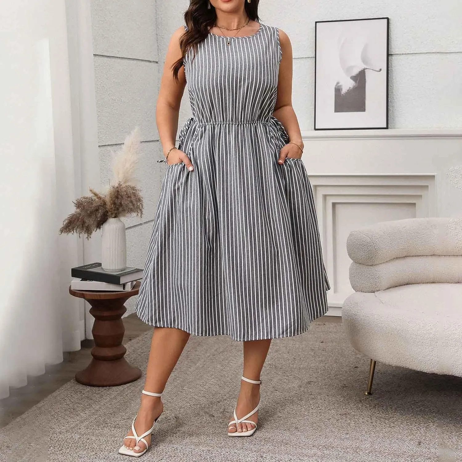 Women Crewneck Midi Tank Dress Striped Sleeveless Knee Length Maternity Dresses Plus Size 50s Audrey Hepburn Dress