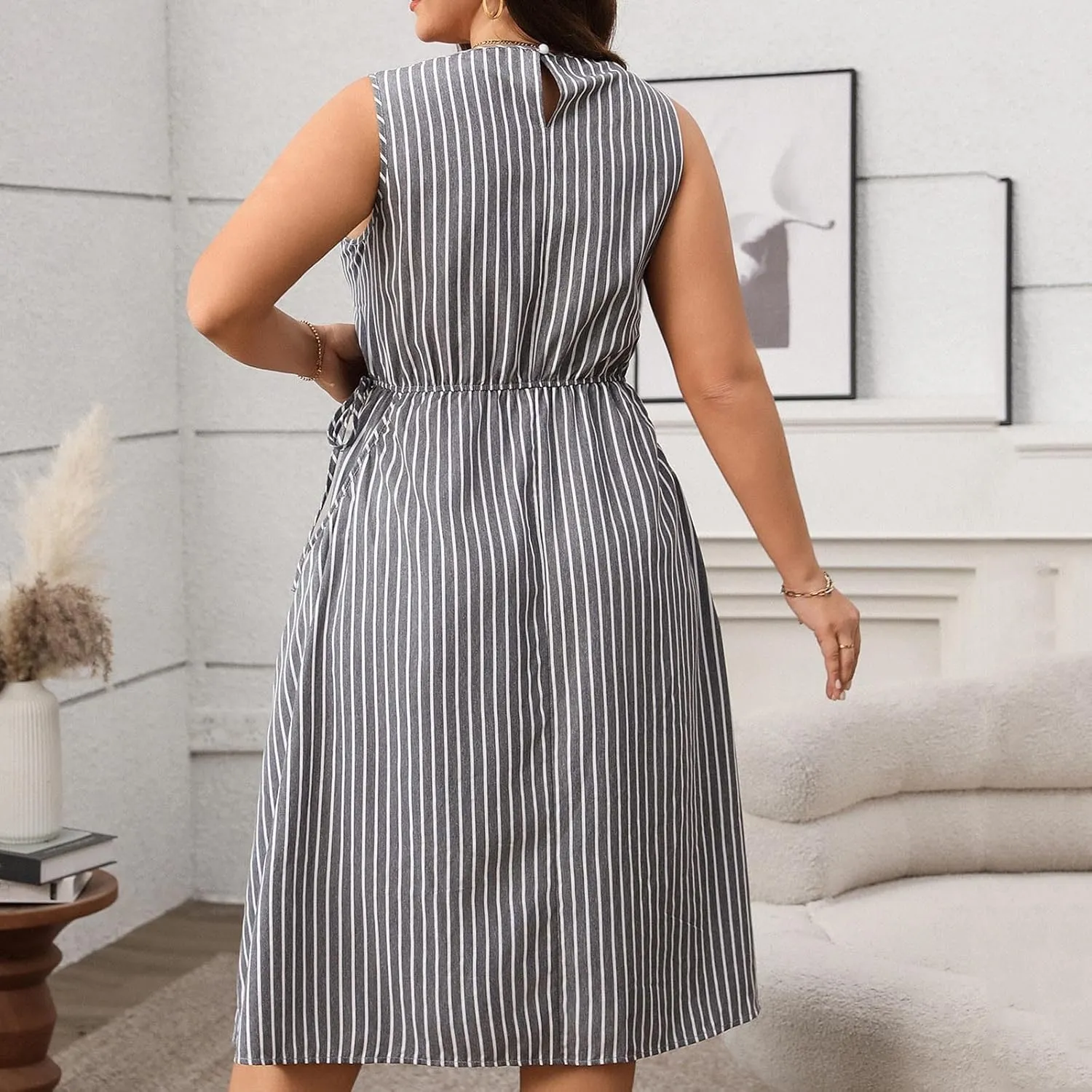 Women Crewneck Midi Tank Dress Striped Sleeveless Knee Length Maternity Dresses Plus Size 50s Audrey Hepburn Dress