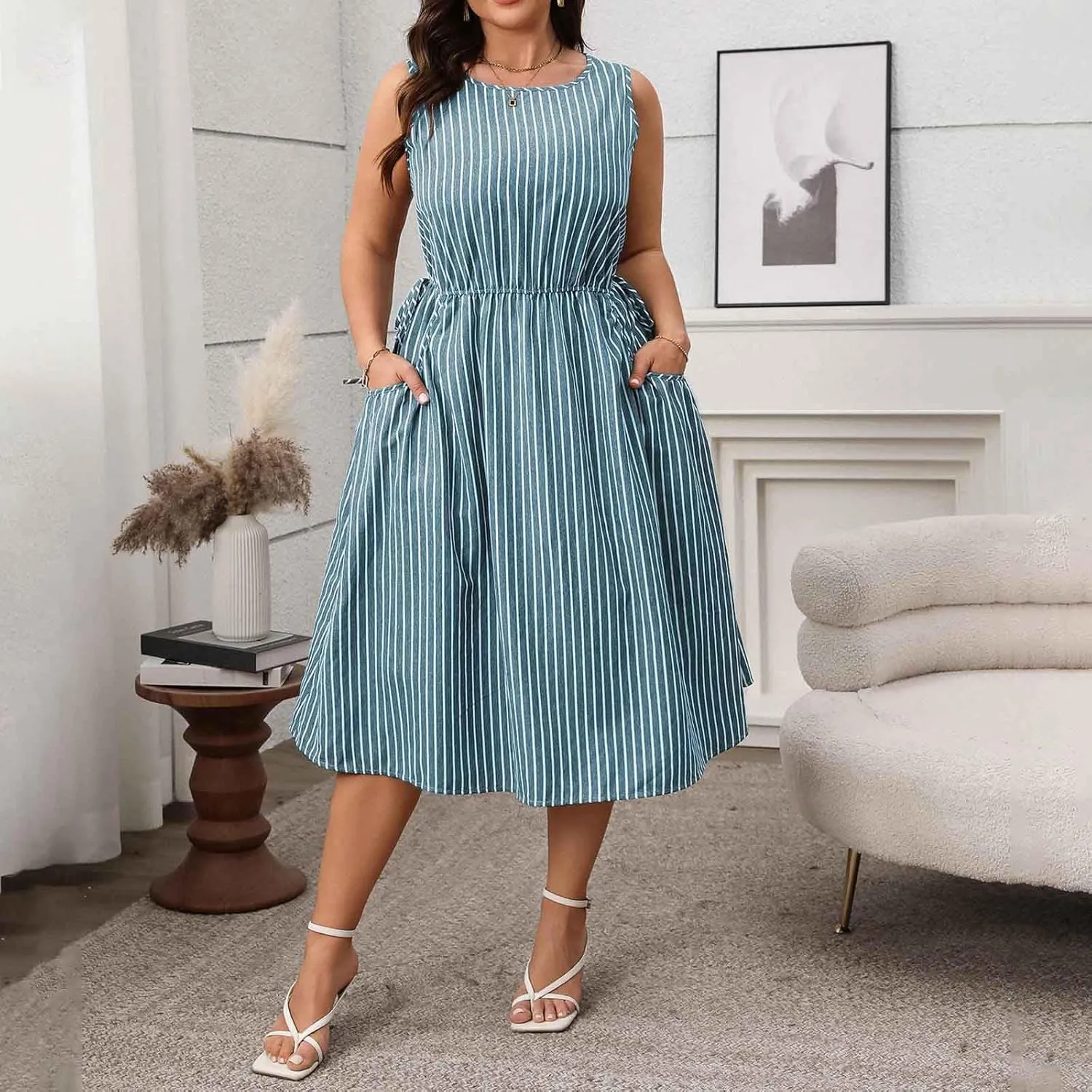 Women Crewneck Midi Tank Dress Striped Sleeveless Knee Length Maternity Dresses Plus Size 50s Audrey Hepburn Dress