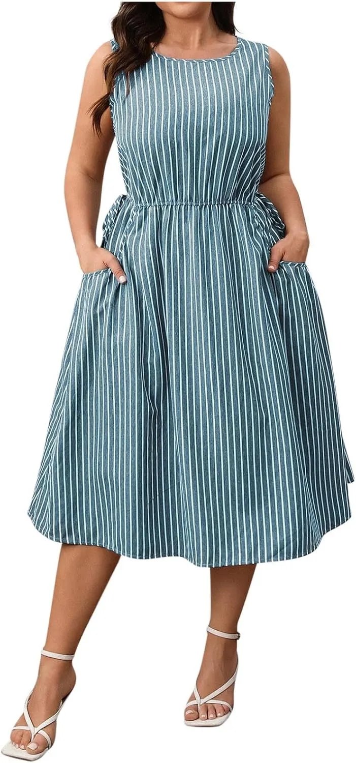 Women Crewneck Midi Tank Dress Striped Sleeveless Knee Length Maternity Dresses Plus Size 50s Audrey Hepburn Dress