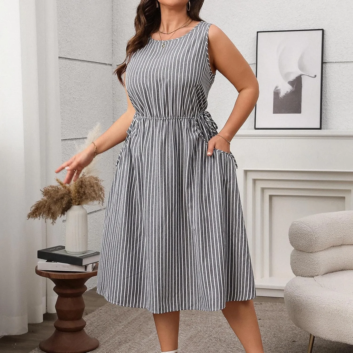 Women Crewneck Midi Tank Dress Striped Sleeveless Knee Length Maternity Dresses Plus Size 50s Audrey Hepburn Dress