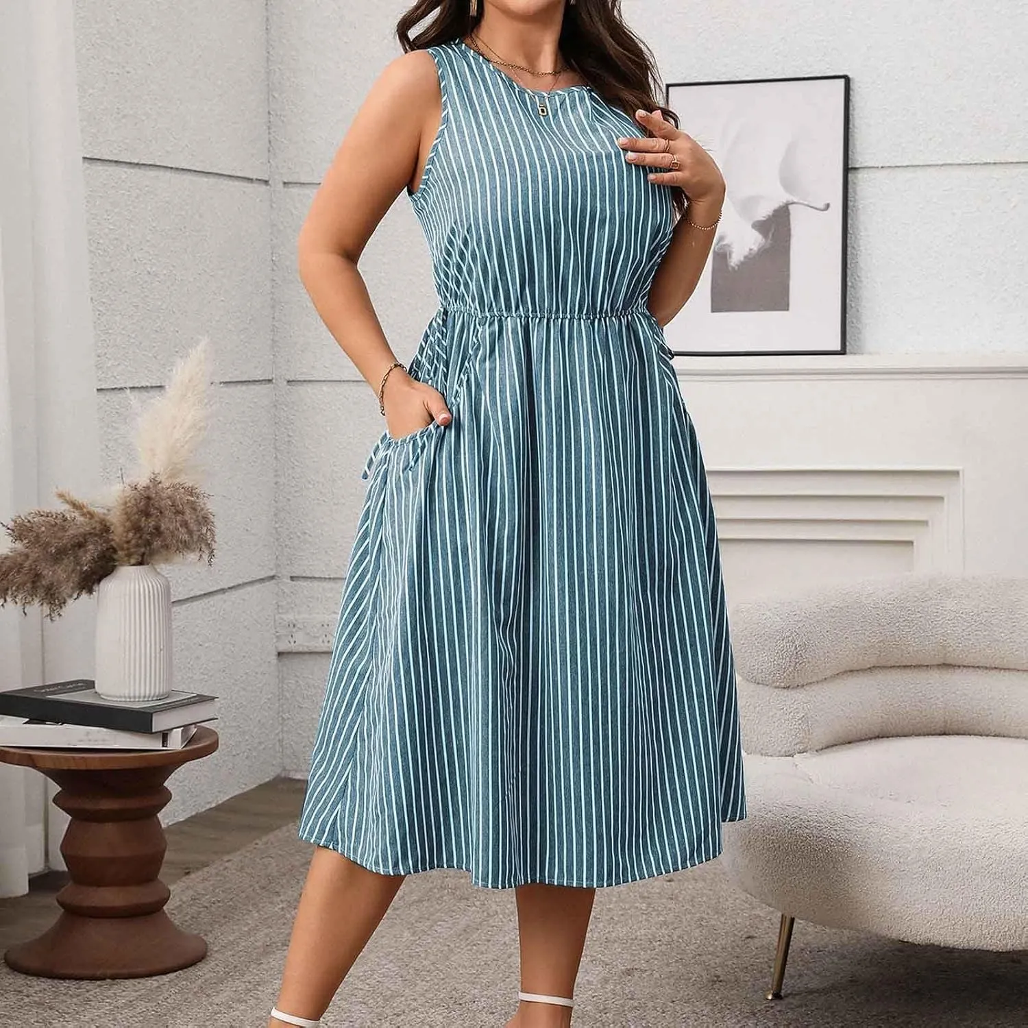Women Crewneck Midi Tank Dress Striped Sleeveless Knee Length Maternity Dresses Plus Size 50s Audrey Hepburn Dress