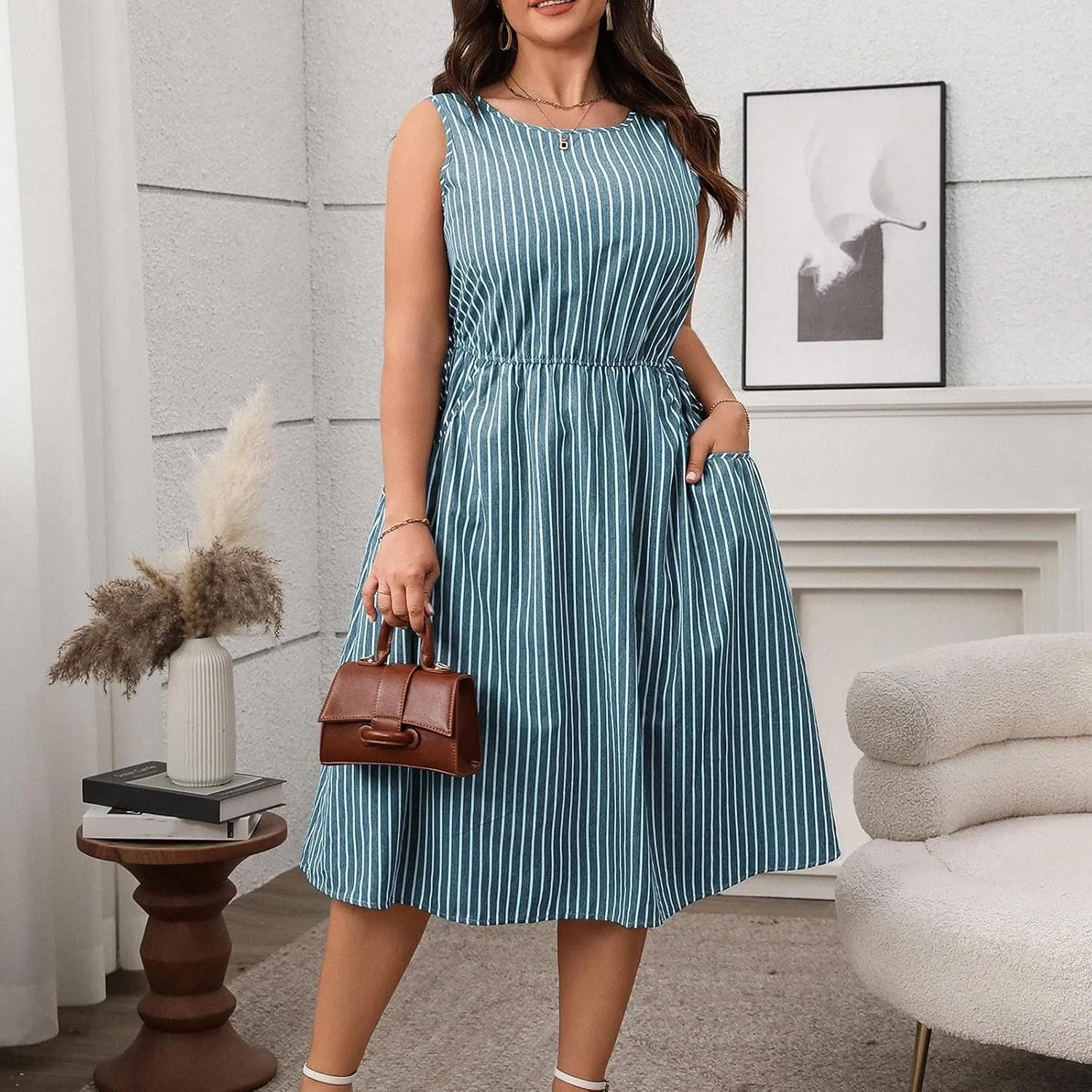 Women Crewneck Midi Tank Dress Striped Sleeveless Knee Length Maternity Dresses Plus Size 50s Audrey Hepburn Dress