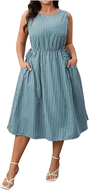 Women Crewneck Midi Tank Dress Striped Sleeveless Knee Length Maternity Dresses Plus Size 50s Audrey Hepburn Dress