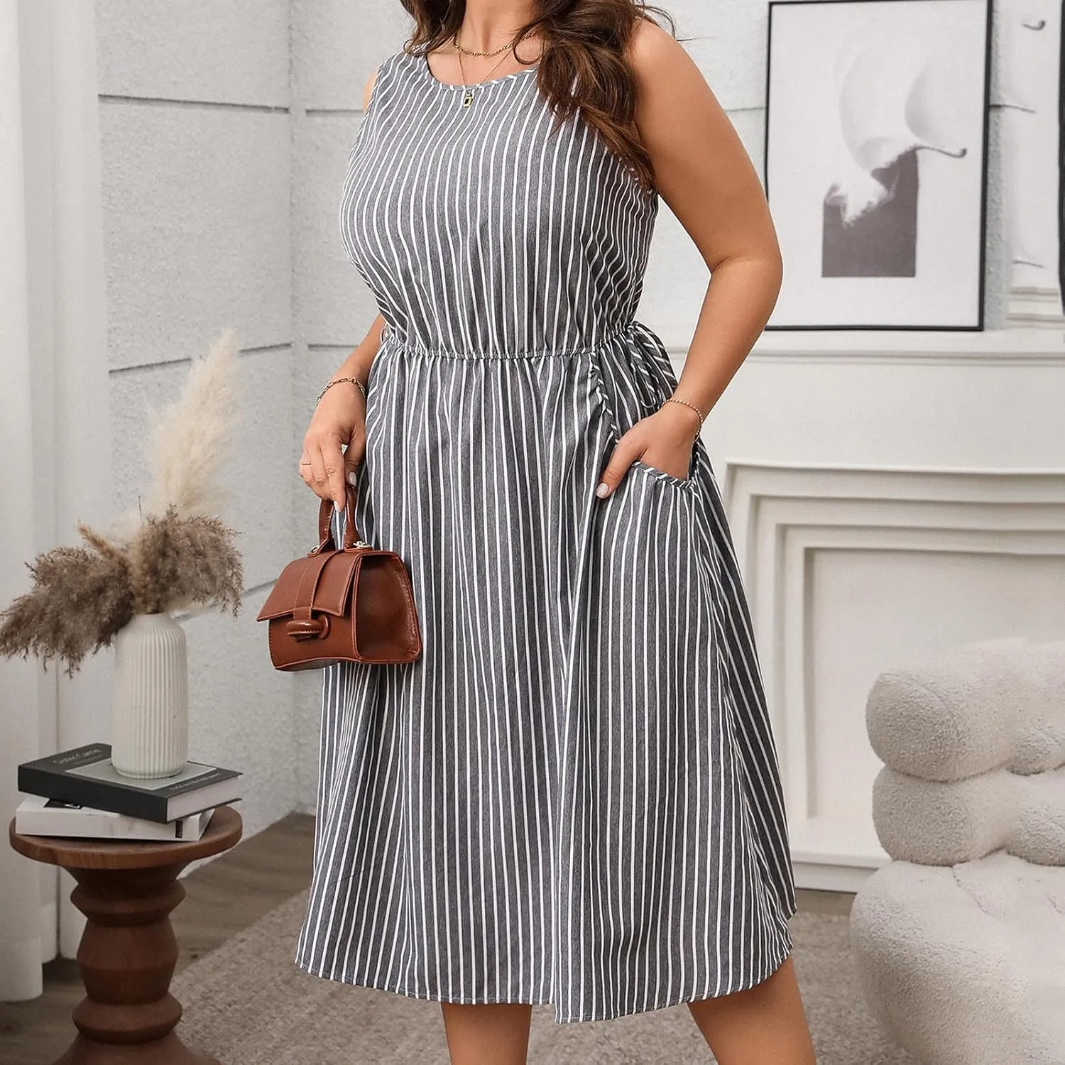 Women Crewneck Midi Tank Dress Striped Sleeveless Knee Length Maternity Dresses Plus Size 50s Audrey Hepburn Dress