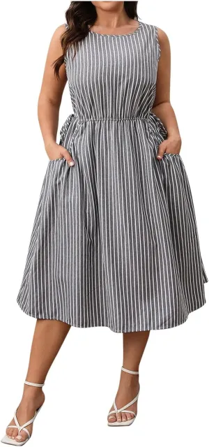 Women Crewneck Midi Tank Dress Striped Sleeveless Knee Length Maternity Dresses Plus Size 50s Audrey Hepburn Dress
