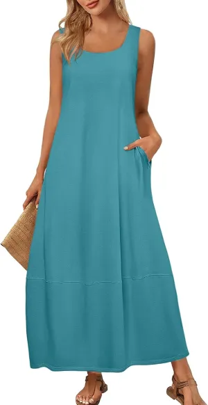 Women Dresses Beach Vacation Sleeveless Tank Dress Scoop Neck Flowy Sundress Casual Loose 2025 Summer Maxi Dress