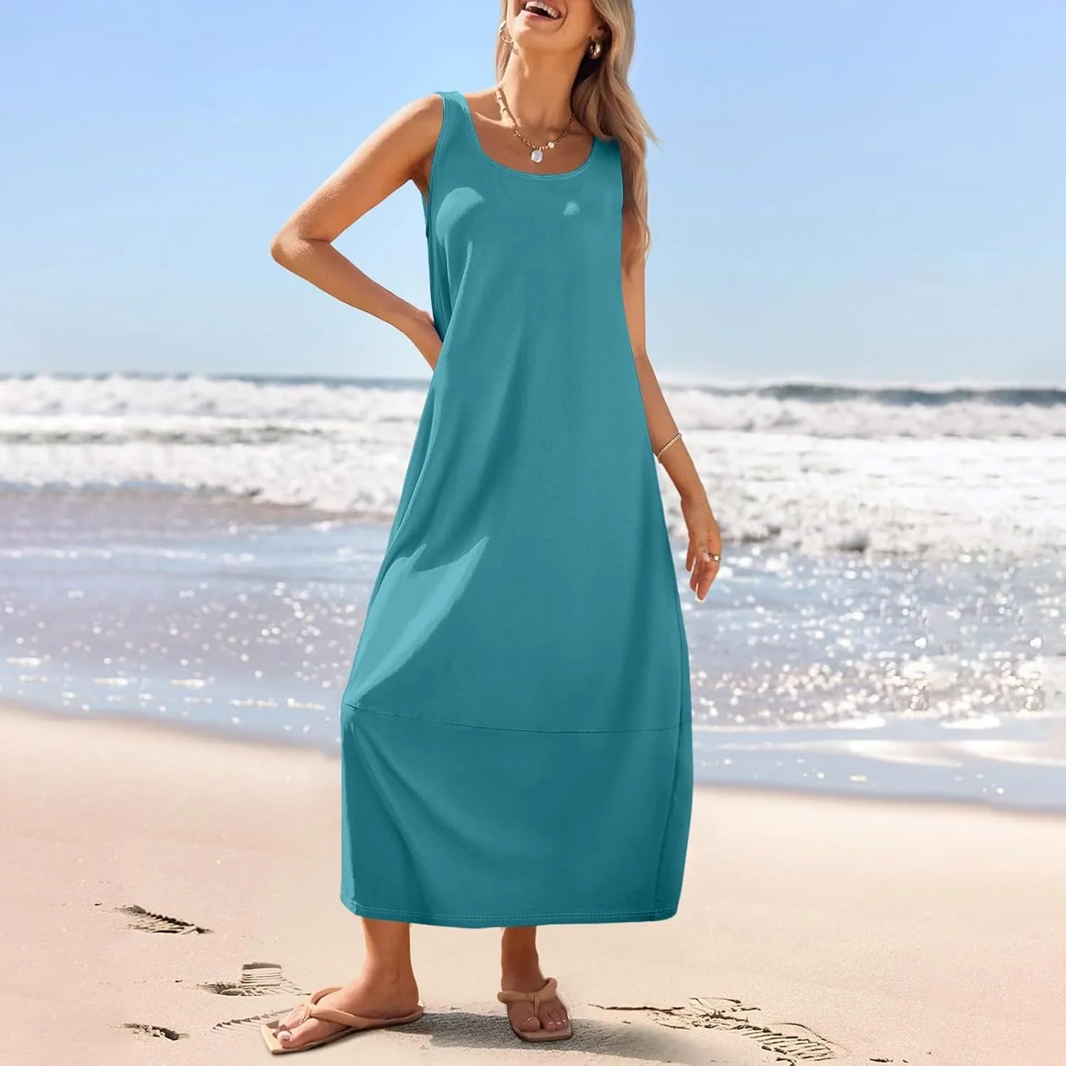 Women Dresses Beach Vacation Sleeveless Tank Dress Scoop Neck Flowy Sundress Casual Loose 2025 Summer Maxi Dress
