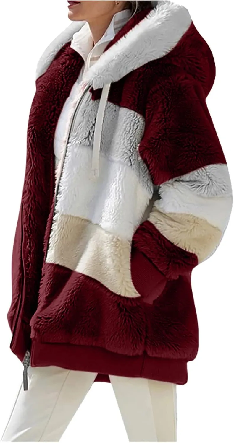 Women Faux Fur Zip Up Hoodies Sherpa Lined Winter Jackets Warm Plush Coat Oversized Fleece Warm Hoodie Outwear