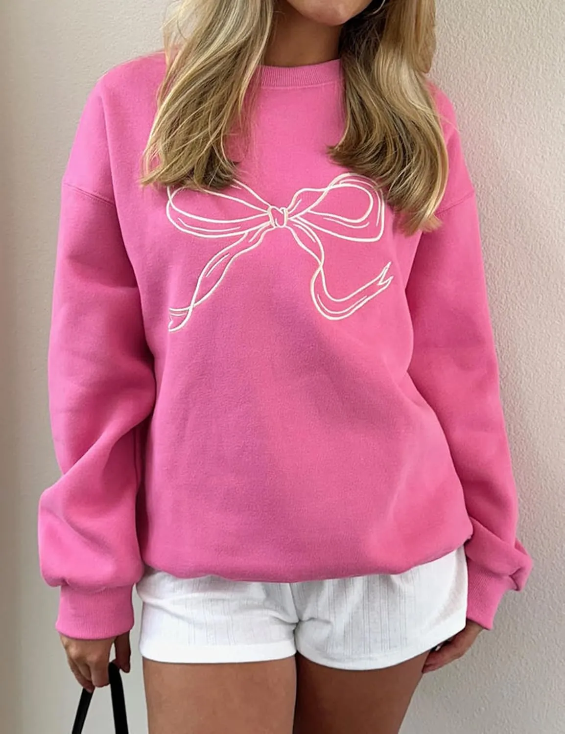 Women Oversized Sweatshirt Bow Crewneck Long Sleeve Fleece Pullover Top Clean Girl Aesthetic Fall Sweatshirt Outfits