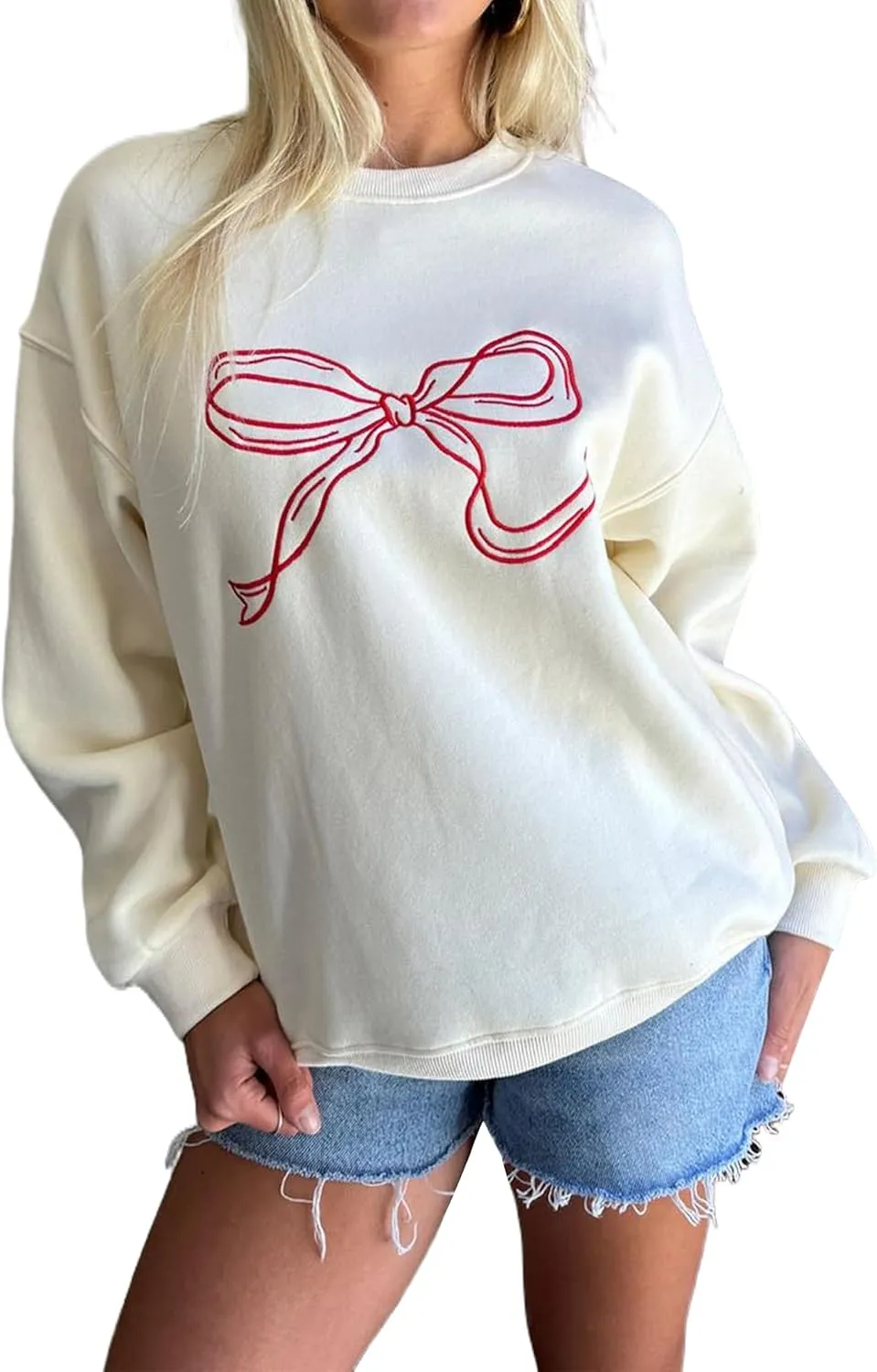 Women Oversized Sweatshirt Bow Crewneck Long Sleeve Fleece Pullover Top Clean Girl Aesthetic Fall Sweatshirt Outfits