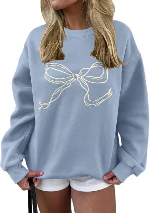 Women Oversized Sweatshirt Bow Crewneck Long Sleeve Fleece Pullover Top Clean Girl Aesthetic Fall Sweatshirt Outfits