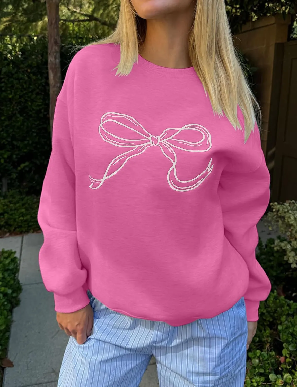 Women Oversized Sweatshirt Bow Crewneck Long Sleeve Fleece Pullover Top Clean Girl Aesthetic Fall Sweatshirt Outfits