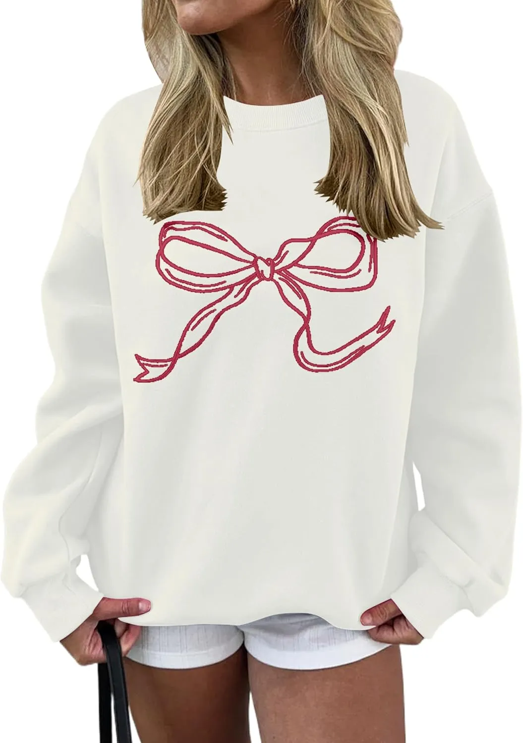 Women Oversized Sweatshirt Bow Crewneck Long Sleeve Fleece Pullover Top Clean Girl Aesthetic Fall Sweatshirt Outfits