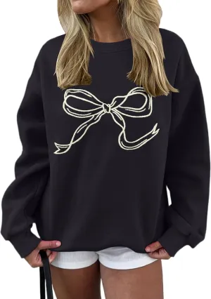 Women Oversized Sweatshirt Bow Crewneck Long Sleeve Fleece Pullover Top Clean Girl Aesthetic Fall Sweatshirt Outfits