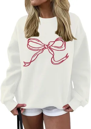 Women Oversized Sweatshirt Bow Crewneck Long Sleeve Fleece Pullover Top Clean Girl Aesthetic Fall Sweatshirt Outfits