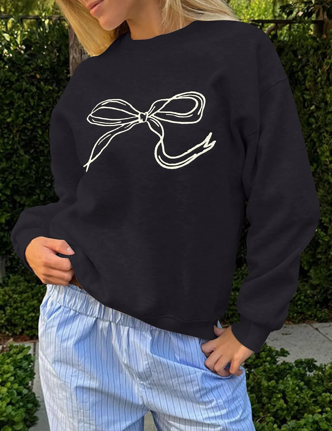 Women Oversized Sweatshirt Bow Crewneck Long Sleeve Fleece Pullover Top Clean Girl Aesthetic Fall Sweatshirt Outfits