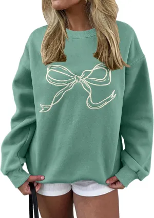 Women Oversized Sweatshirt Bow Crewneck Long Sleeve Fleece Pullover Top Clean Girl Aesthetic Fall Sweatshirt Outfits
