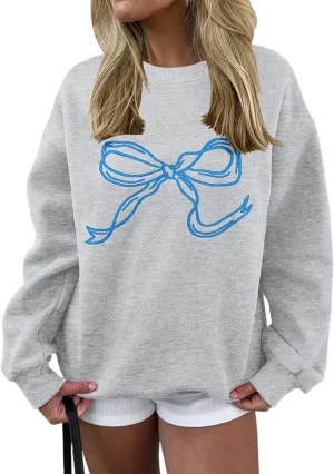 Women Oversized Sweatshirt Bow Crewneck Long Sleeve Fleece Pullover Top Clean Girl Aesthetic Fall Sweatshirt Outfits