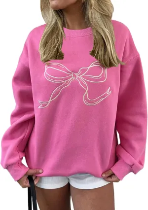 Women Oversized Sweatshirt Bow Crewneck Long Sleeve Fleece Pullover Top Clean Girl Aesthetic Fall Sweatshirt Outfits