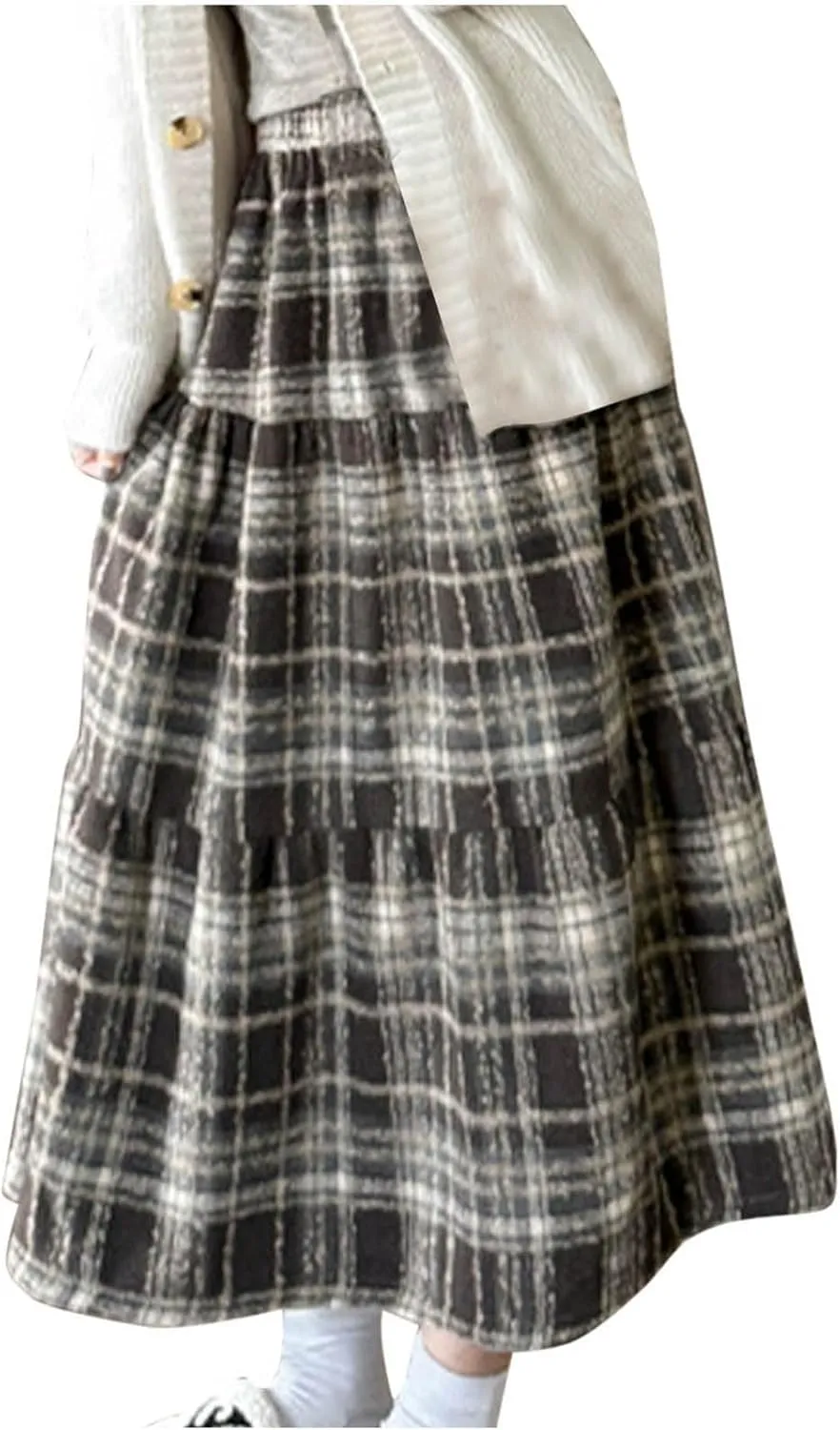 Women Plaid Woolen Midi Skirt Winter Elastic High Waist Tiered Ruffle A-Line Skirts Vintage Casual Flowy Swing Skirt