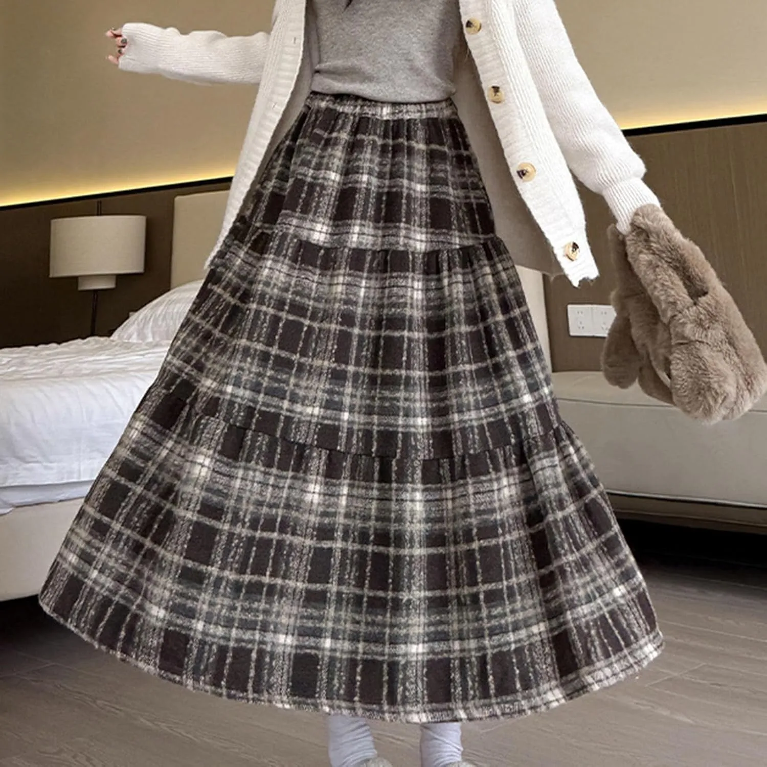 Women Plaid Woolen Midi Skirt Winter Elastic High Waist Tiered Ruffle A-Line Skirts Vintage Casual Flowy Swing Skirt