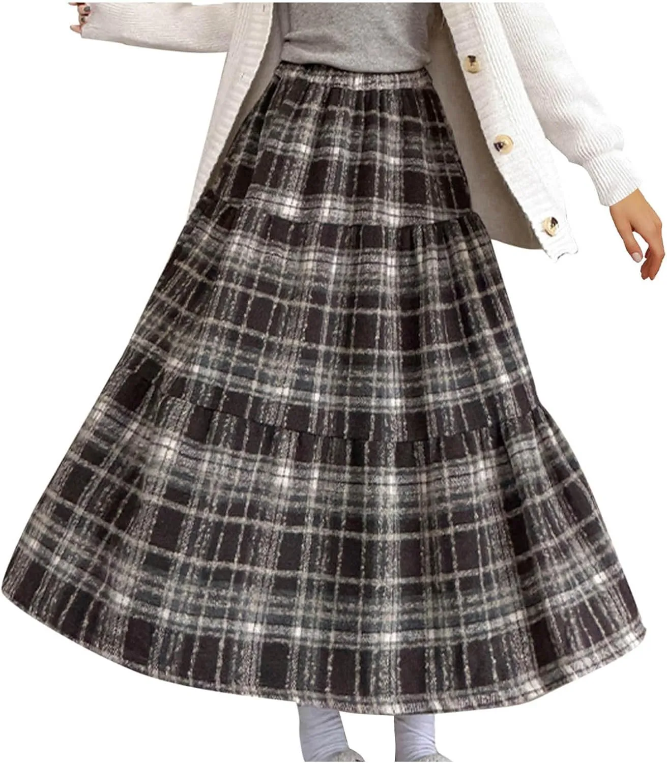 Women Plaid Woolen Midi Skirt Winter Elastic High Waist Tiered Ruffle A-Line Skirts Vintage Casual Flowy Swing Skirt