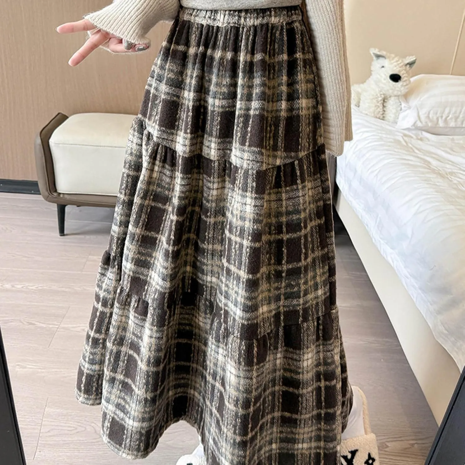 Women Plaid Woolen Midi Skirt Winter Elastic High Waist Tiered Ruffle A-Line Skirts Vintage Casual Flowy Swing Skirt