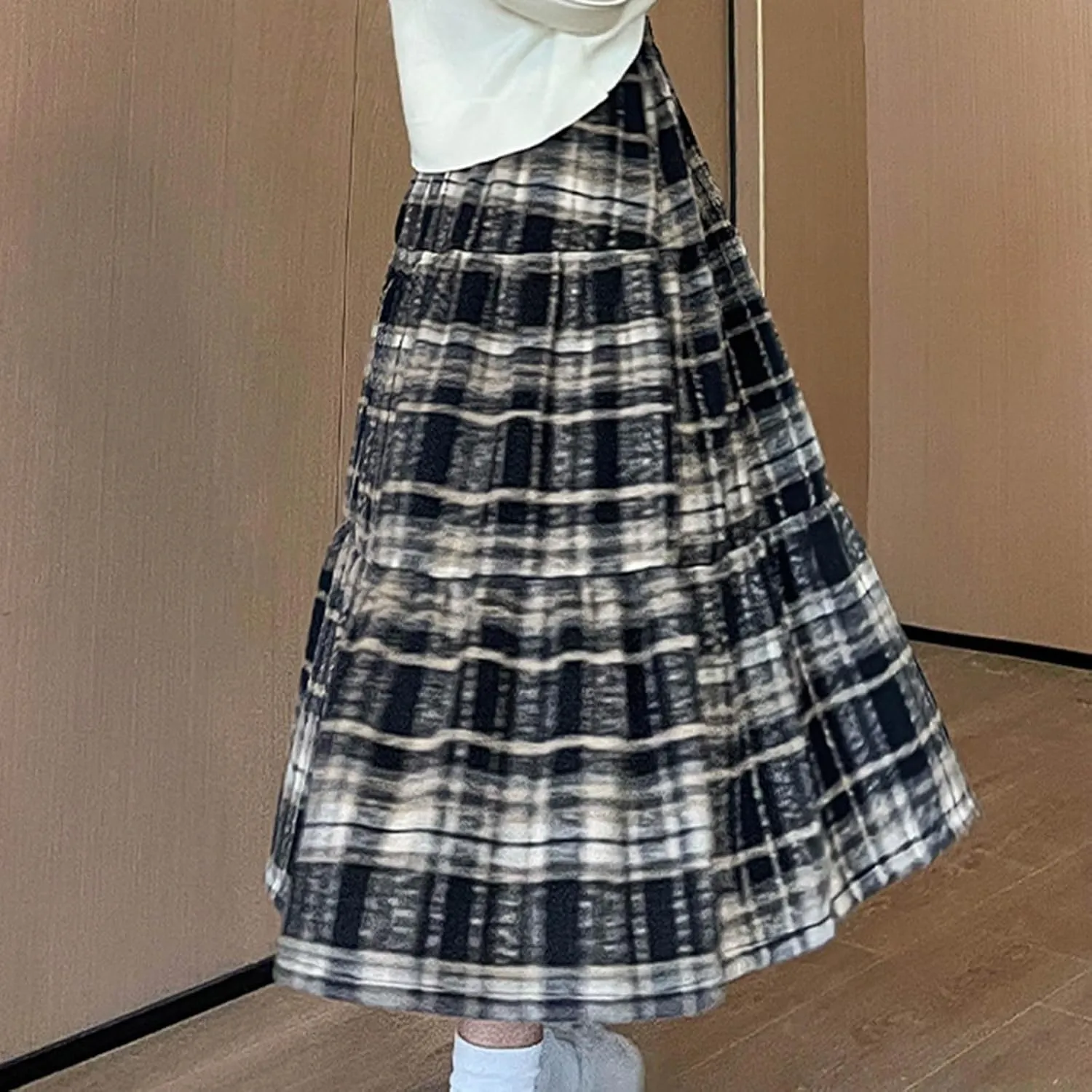 Women Plaid Woolen Midi Skirt Winter Elastic High Waist Tiered Ruffle A-Line Skirts Vintage Casual Flowy Swing Skirt