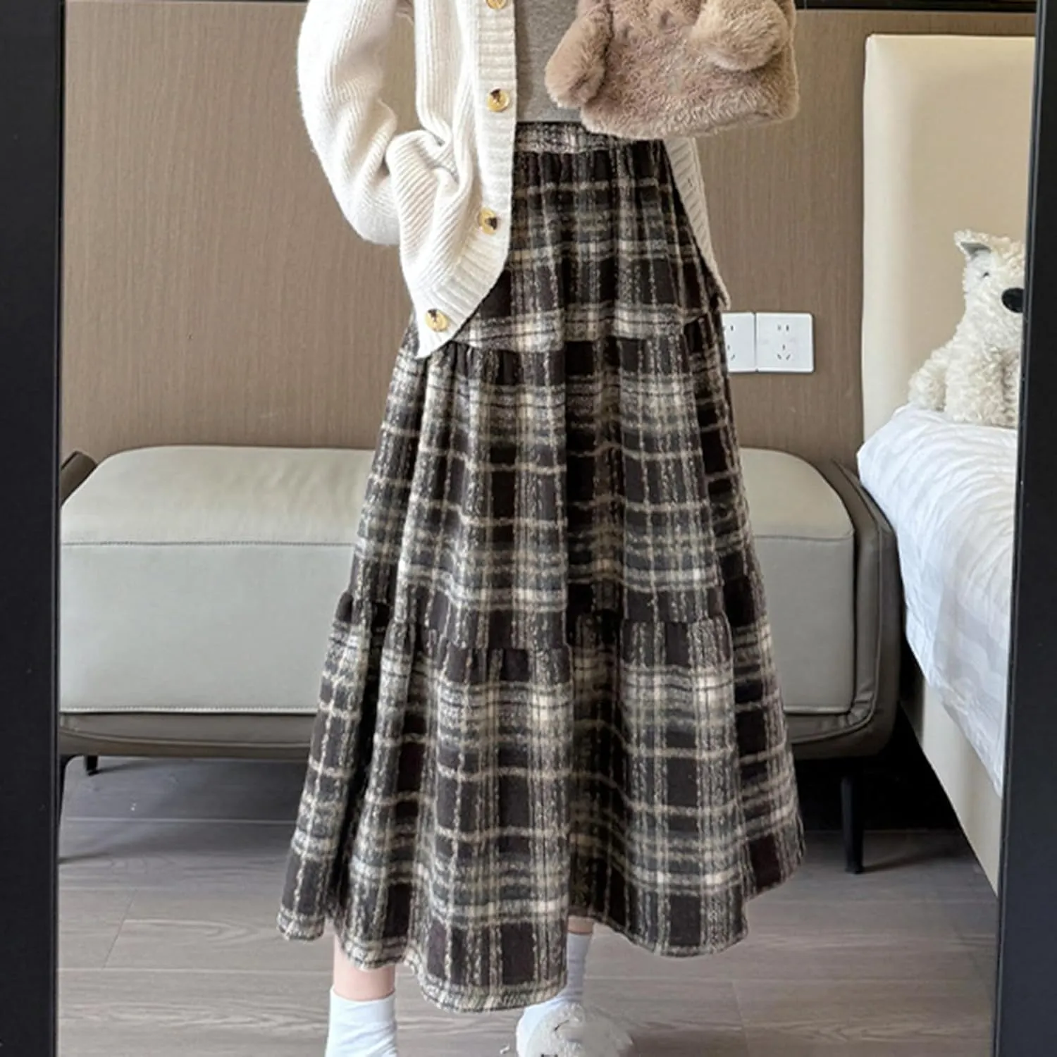 Women Plaid Woolen Midi Skirt Winter Elastic High Waist Tiered Ruffle A-Line Skirts Vintage Casual Flowy Swing Skirt