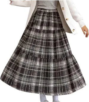 Women Plaid Woolen Midi Skirt Winter Elastic High Waist Tiered Ruffle A-Line Skirts Vintage Casual Flowy Swing Skirt