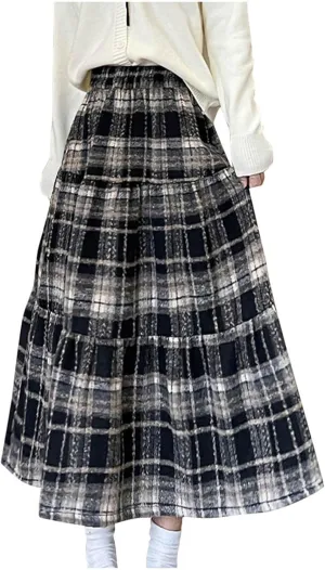 Women Plaid Woolen Midi Skirt Winter Elastic High Waist Tiered Ruffle A-Line Skirts Vintage Casual Flowy Swing Skirt