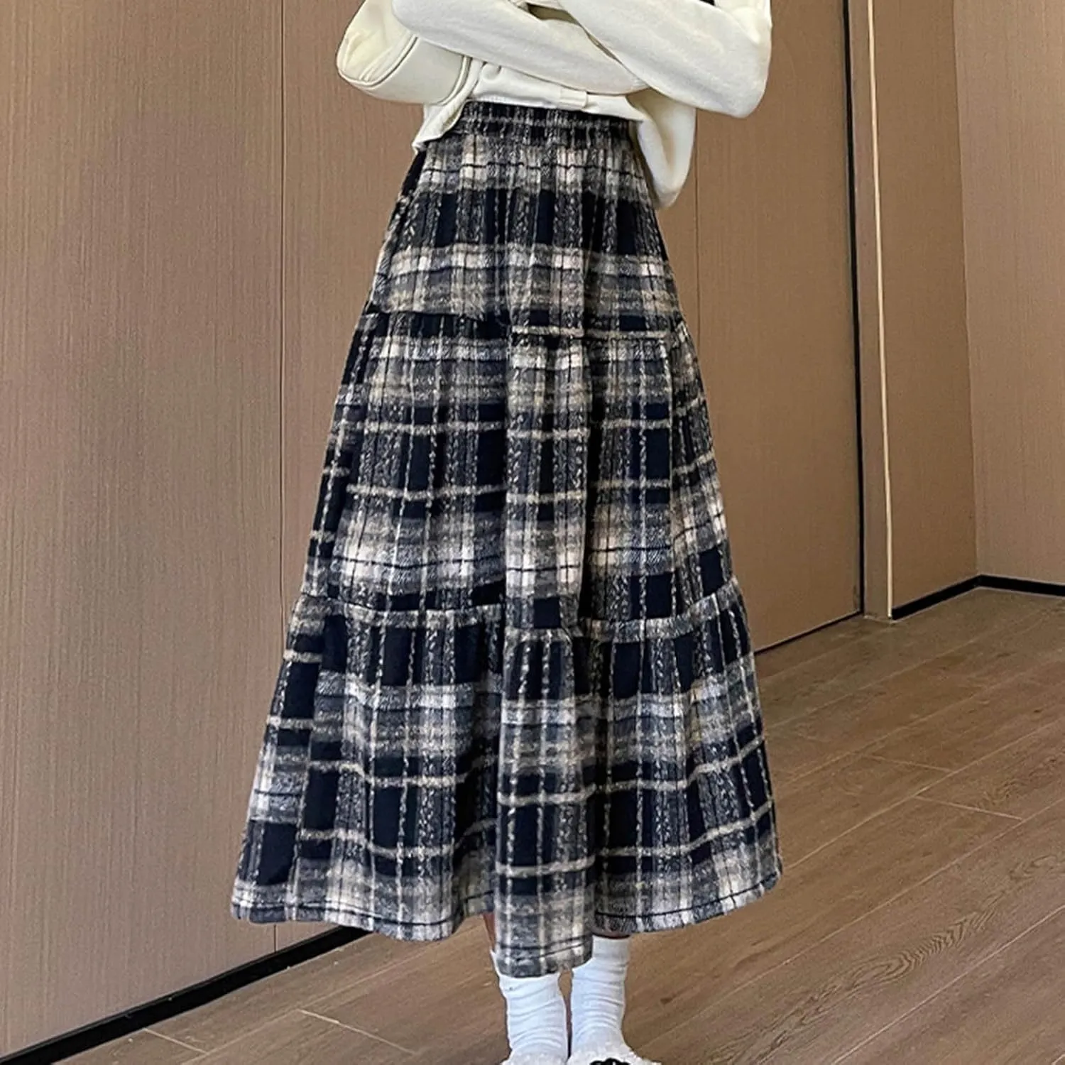 Women Plaid Woolen Midi Skirt Winter Elastic High Waist Tiered Ruffle A-Line Skirts Vintage Casual Flowy Swing Skirt