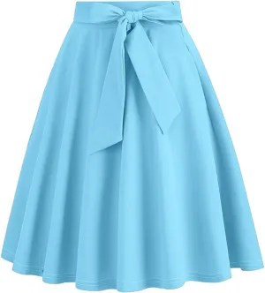 Women Retro Skirt 50s Vintage Hepburn Style High Waist Flared A-Line Skirts Rockabilly Midi Swing Skirt with Pocket