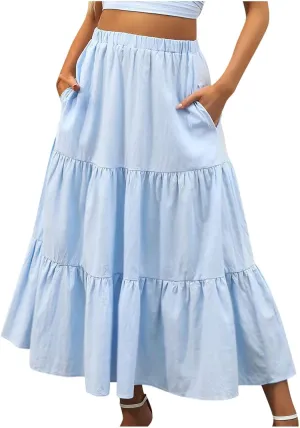 Women Ruffle Skirt Pleated Long Skirt High Elastic Waist Loose Fit Skirt Trendy Summer Cute Beach Vacation Skirt