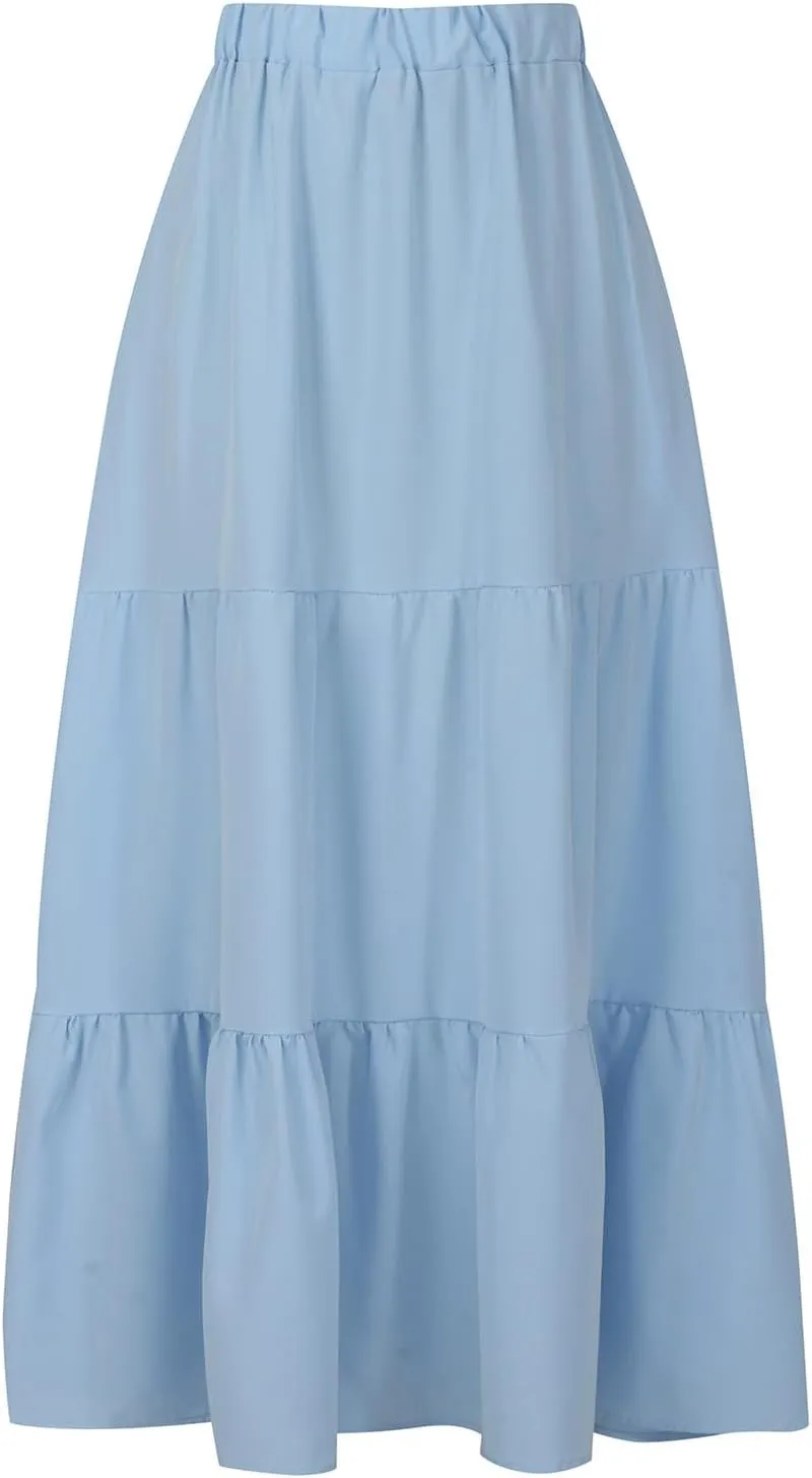 Women Ruffle Skirt Pleated Long Skirt High Elastic Waist Loose Fit Skirt Trendy Summer Cute Beach Vacation Skirt