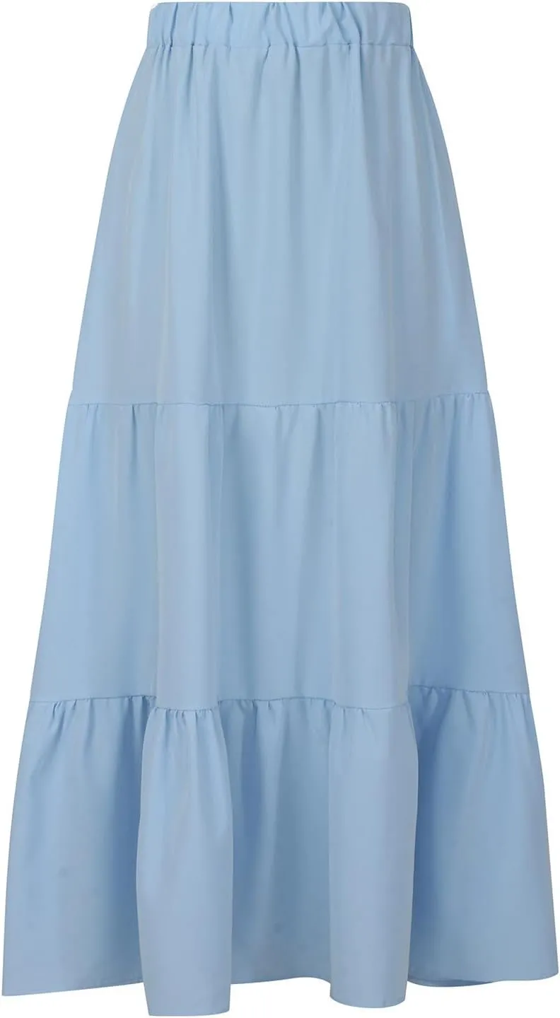 Women Ruffle Skirt Pleated Long Skirt High Elastic Waist Loose Fit Skirt Trendy Summer Cute Beach Vacation Skirt