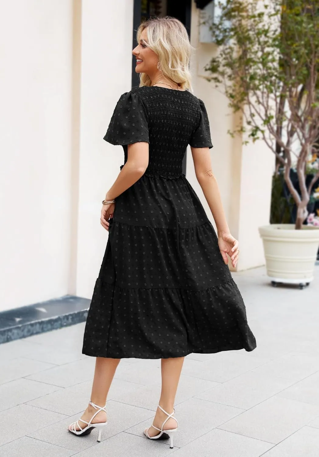 Women Summer 2024 Smocked Midi Dress, Ruffle Short Sleeve V-Neck Flowy A-Line Tiered Swiss Dot Dresses with Pocket