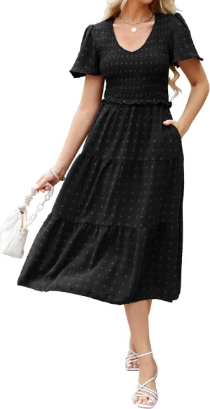 Women Summer 2024 Smocked Midi Dress, Ruffle Short Sleeve V-Neck Flowy A-Line Tiered Swiss Dot Dresses with Pocket